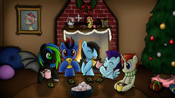 Size: 2667x1500 | Tagged: safe, artist:evilscribbles, derpy hooves, fluttershy, oc, oc only, bat pony, pony, g4, christmas tree, clothes, fireplace, hot chocolate, marshmallow, plushie, scarf, snow globe, tree