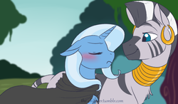 Size: 920x538 | Tagged: safe, artist:the-chibster, trixie, zecora, zebra, g4, blushing, cloak, clothes, cute, eyes closed, female, floppy ears, frown, lesbian, looking back, shipping, smiling, trixora