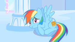 Size: 1280x720 | Tagged: safe, edit, edited screencap, screencap, rainbow dash, bronycon, g4, sonic rainboom (episode), asan, cloudsdale, color communications badges, drama, female, solo