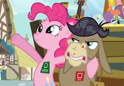 Size: 535x372 | Tagged: safe, edit, edited screencap, screencap, cranky doodle donkey, pinkie pie, donkey, earth pony, pony, bronycon, a friend in deed, g4, /mlp/, asan, autism, autism spectrum disorder, bipedal, color communications badges, cropped, drama, duo, headcanon, hoof around neck, neurodivergent, neurodivergent headcanon, wrong