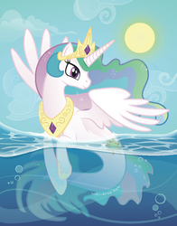 Size: 468x596 | Tagged: safe, artist:inki-drop, princess celestia, mermaid, merpony, g4, female, mermaidized, race swap, sealestia, smiling, solo, sun, water