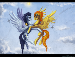 Size: 1024x777 | Tagged: safe, artist:grinu, soarin', spitfire, pegasus, pony, g4, backwards cutie mark, cloud, female, flying, letterboxing, male, ship:soarinfire, shipping, straight, sun