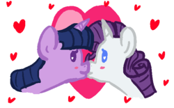 Size: 579x358 | Tagged: safe, artist:tanmansmantan, rarity, twilight sparkle, pony, unicorn, g4, duo, female, heart, heart background, kiss on the lips, kissing, lesbian, mare, ship:rarilight, shipping