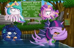 Size: 1000x647 | Tagged: safe, artist:berrypawnch, princess cadance, princess celestia, princess luna, twilight sparkle, fish, jellyfish, monster pony, octopony, original species, sea pony, g4, :t, alicorn tetrarchy, crying, eyes closed, fishified, floating, food, frown, jellyfishified, open mouth, parody, popcorn, prehensile mane, pull, pushing, smiling, species swap, the far side, twilight sparkle (alicorn), wat, wide eyes