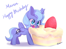 Size: 1500x1125 | Tagged: safe, artist:sion, princess luna, alicorn, pony, g4, cake, cute, female, filly, filly luna, happy birthday, lunabetes, simple background, solo, woona, younger