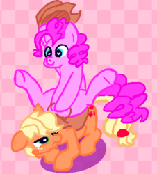 Size: 368x407 | Tagged: safe, artist:tanmansmantan, applejack, pinkie pie, earth pony, pony, g4, checkered background, duo, pinkie pie riding applejack, ponies riding ponies, riding, riding a pony, saddle