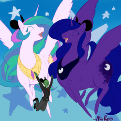 Size: 1200x1200 | Tagged: safe, artist:nivrozs, princess celestia, princess luna, oc, oc:anon, g4, cheering, didney worl, eyes closed, happy, jumping, macro, missing accessory, open mouth, size difference, smiling, spread wings, surreal