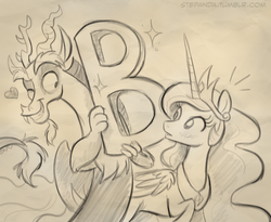 Size: 900x739 | Tagged: safe, artist:stepandy, discord, princess celestia, g4, blushing, female, grin, heart, letter, male, monochrome, ship:dislestia, shipping, sketch, smiling, sparkles, straight, surprised, the b, traditional art, vote, wide eyes, wink