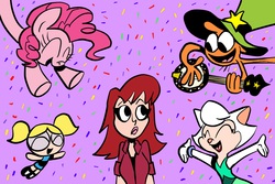 Size: 4500x3000 | Tagged: safe, artist:joeywaggoner, pinkie pie, g4, birthday, bubbles (powerpuff girls), cats don't dance, crossover, cute, high res, lauren faust, sawyer, the powerpuff girls, wander (wander over yonder), wander over yonder