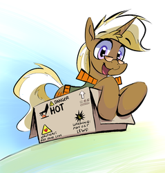Size: 1324x1385 | Tagged: safe, artist:gsphere, trenderhoof, pony, unicorn, g4, :3, box, caution sign, cute, heart, hot, leaning, lewd, looking at you, male, open mouth, pony in a box, smiling, solo, stallion, warning, warning sign
