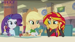 Size: 1136x640 | Tagged: safe, screencap, applejack, rarity, sunset shimmer, equestria girls, g4, my little pony equestria girls: rainbow rocks