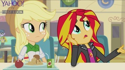 Size: 1136x640 | Tagged: safe, screencap, applejack, micro chips, sunset shimmer, equestria girls, g4, my little pony equestria girls: rainbow rocks, background human, that pony sure does love apples