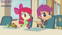 Size: 1136x640 | Tagged: safe, screencap, apple bloom, scootaloo, equestria girls, g4, my little pony equestria girls: rainbow rocks, sandwich, spaghetti