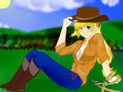 Size: 1024x769 | Tagged: safe, artist:animepainter20, applejack, human, g4, female, humanized, one eye closed, rope, sitting, solo