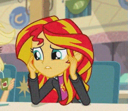 Size: 309x267 | Tagged: safe, screencap, applejack, sunset shimmer, equestria girls, g4, my little pony equestria girls: rainbow rocks, animated, cropped, derp, female
