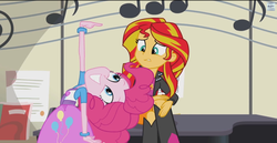 Size: 1366x704 | Tagged: safe, pinkie pie, sunset shimmer, equestria girls, g4, my little pony equestria girls, my little pony equestria girls: rainbow rocks, caption, squee