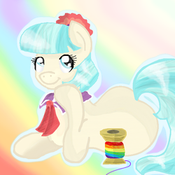 Size: 550x551 | Tagged: safe, artist:chanceyb, coco pommel, earth pony, pony, g4, female, rainbow colors, rainbow thread, sitting, solo, spool