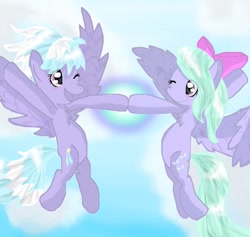 Size: 917x871 | Tagged: safe, artist:chanceyb, cloudchaser, flitter, pegasus, pony, g4, duo, flying, hoofbump, sisters