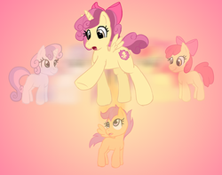 Size: 1200x945 | Tagged: safe, artist:redflare500, apple bloom, scootaloo, sweetie belle, alicorn, earth pony, pegasus, pony, unicorn, g4, cutie mark crusaders, female, filly, foal, fusion, gradient background, horn, the ultimate cutie mark crusader, we have become one