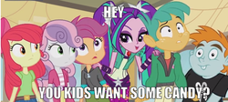 Size: 630x281 | Tagged: safe, edit, edited screencap, screencap, apple bloom, aria blaze, scootaloo, snails, snips, sweetie belle, equestria girls, g4, my little pony equestria girls: rainbow rocks, caption, clothes, cutie mark crusaders, female, image macro, impact font, implied pedophilia, male, meme, stranger danger, text, this will end in jail time