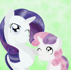 Size: 898x889 | Tagged: safe, artist:chanceyb, rarity, sweetie belle, pony, unicorn, g4, duo, simple background, sisters, wink