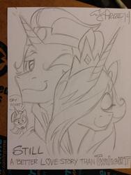 Size: 600x800 | Tagged: safe, artist:andypriceart, king sombra, princess celestia, twilight sparkle, alicorn, pony, unicorn, g4, andy you magnificent bastard, confused, female, good king sombra, hair over one eye, male, mare, meme, monochrome, one eye closed, pun, say what, ship:celestibra, shipping, smiling, sombra swag, still a better love story than twilight, straight, traditional art, twilight sparkle (alicorn), wink, word of price