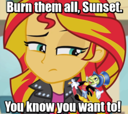 Size: 392x351 | Tagged: safe, edit, screencap, sunset shimmer, equestria girls, g4, my little pony equestria girls: rainbow rocks, arson, conscience, fiery shimmer, image macro, implied arson, insanity, jiminy cricket, kill them all, meme, pyromaniac, schizophrenia, snapset shimmer, this will end in fire
