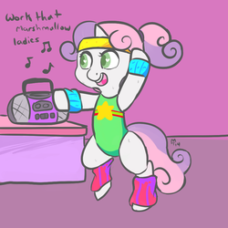 Size: 800x800 | Tagged: safe, artist:mt, sweetie belle, pony, g4, bipedal, female, headband, leg warmers, leotard, solo, workout, workout outfit, wristband
