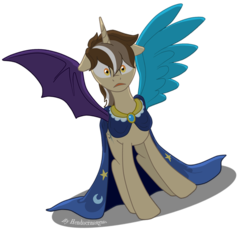 Size: 787x740 | Tagged: safe, artist:hendocrinogeno, star swirl the bearded, pony, unicorn, g4, cape, clothes, discord is star swirl, male, mismatched wings, scared, simple background, solo, spread wings, stallion, transparent background, wings