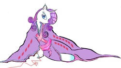 Size: 1136x640 | Tagged: safe, artist:enseinoko, rarity, pony, unicorn, g4, cloak, clothes, curly mane, female, pixiv, purple, red string of destiny, sitting, solo