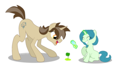 Size: 1024x582 | Tagged: safe, artist:hendocrinogeno, clover the clever, star swirl the bearded, pony, unicorn, g4, ^^, clover, cute, duo, eyes closed, female, filly, foal, four leaf clover, magic, magic aura, male, plant, simple background, smiling, stallion, swirlabetes, telekinesis, test tube, transparent background, younger