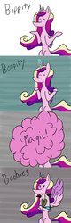 Size: 800x2500 | Tagged: safe, artist:gustav tremendous, princess cadance, bird, booby, g4, blushing, eyes closed, glowing horn, horn, magic, pun, sitting, smoke, spread wings, unamused, visual pun