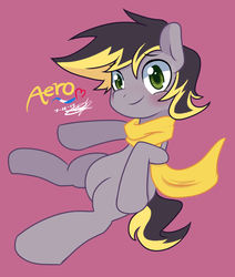 Size: 1095x1293 | Tagged: safe, artist:wishdream, oc, oc only, oc:aero, pegasus, pony, blank flank, blushing, clothes, colt, cute, heart, looking at you, male, offspring, parent:derpy hooves, parent:oc:warden, parents:canon x oc, parents:warderp, red background, scarf, simple background, smiling, solo, sweatdrop