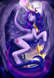 Size: 1785x2579 | Tagged: safe, artist:zaameen, twilight sparkle, alicorn, pony, g4, female, mare, moon, older, solo, twilight sparkle (alicorn)