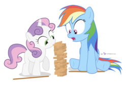 Size: 900x600 | Tagged: safe, artist:dm29, rainbow dash, sweetie belle, g4, duo, jenga, mouth hold, simple background, transparent background