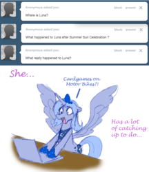 Size: 635x735 | Tagged: safe, princess luna, ask celestia, g4, ask, card games on motorcycles, female, solo, tumblr