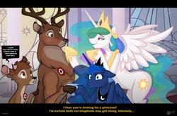 Size: 2622x1720 | Tagged: safe, artist:wolfjedisamuel, princess celestia, princess luna, alicorn, deer, pony, g4, :o, angry, bambi, bedroom eyes, blushing, crack shipping, cross-popping veins, crossover, crossover shipping, disney, floppy ears, frown, hoofshake, letterboxing, spread wings, sweat, the great prince, wide eyes