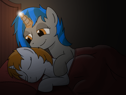 Size: 1600x1200 | Tagged: safe, artist:bruinsbrony216, oc, oc only, oc:homage, oc:littlepip, pony, unicorn, fallout equestria, bed, eyes closed, fallout, fanfic, fanfic art, female, glowing horn, hooves, horn, lesbian, magic, mare, oc x oc, pillow, ship:pipmage, shipping, sleeping, smiling