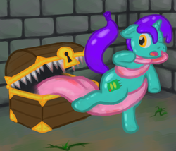 Size: 1050x900 | Tagged: safe, artist:vodkaroo, oc, oc only, oc:circuit board, balloon pony, mimic, pony, unicorn, blood, constriction, dark, dungeon, fetish, floppy ears, imminent vore, tongue out, treasure chest