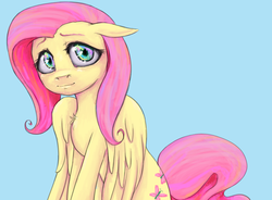Size: 870x641 | Tagged: safe, artist:colorlesscupcake, fluttershy, pegasus, pony, g4, blue background, female, floppy ears, mare, simple background, sitting, smiling, solo