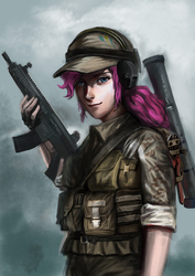 Size: 3000x4242 | Tagged: safe, artist:tiger-type, pinkie pie, human, g4, at4, battlefield 4, female, gun, headset, heckler and koch, hk416, humanized, military, military uniform, picatinny rail, rifle, rocket launcher, solo, tangodown