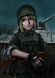 Size: 3000x4242 | Tagged: safe, artist:tiger-type, applejack, human, g4, apc, btr-90, clothes, female, fingerless gloves, gloves, gun, helmet, humanized, machine gun, military, military uniform, rpk, soldier, solo, tank (vehicle), uniform