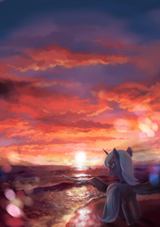 Size: 5846x8267 | Tagged: safe, artist:tiger-type, princess luna, alicorn, pony, g4, absurd resolution, female, ocean, s1 luna, scenery, solo, sunset, water