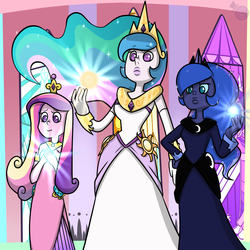 Size: 1000x1000 | Tagged: safe, artist:heartstringsxiii, princess cadance, princess celestia, princess luna, human, g4, duckface, female, humanized, pony coloring, steven universe, style emulation