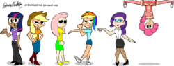 Size: 2500x955 | Tagged: safe, artist:animatedjames, applejack, fluttershy, pinkie pie, rainbow dash, rarity, twilight sparkle, human, g4, clothes, dark skin, humanized, in which pinkie pie forgets how to gravity, mane six, pinkie being pinkie, pinkie physics, simple background, transparent background