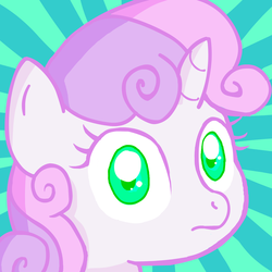 Size: 1513x1513 | Tagged: dead source, source needed, useless source url, safe, artist:danfango, sweetie belle, pony, unicorn, g4, bright eyed, bust, female, frown, looking at you, solo, stare, sunburst background, sweetie belle's stare