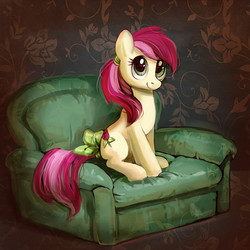 Size: 1200x1200 | Tagged: safe, artist:lis-alis, roseluck, earth pony, pony, g4, commissioner:doom9454, couch, cute, female, looking at you, mare, ponytail, rosabetes, sitting, smiling, solo, tail bow