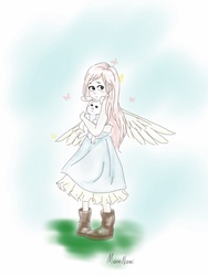 Size: 768x1024 | Tagged: safe, artist:moonnami, angel bunny, fluttershy, human, g4, female, humanized, solo, winged humanization, younger