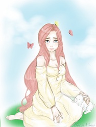 Size: 768x1024 | Tagged: safe, artist:moonnami, angel bunny, fluttershy, human, g4, clothes, female, humanized, off shoulder, solo