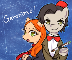 Size: 600x500 | Tagged: safe, artist:c-minded, doctor whooves, time turner, g4, amy pond, bowtie, clothes, doctor who, eleventh doctor, fez, hat, overcoat, pixiv, ponified, shirt, sonic screwdriver